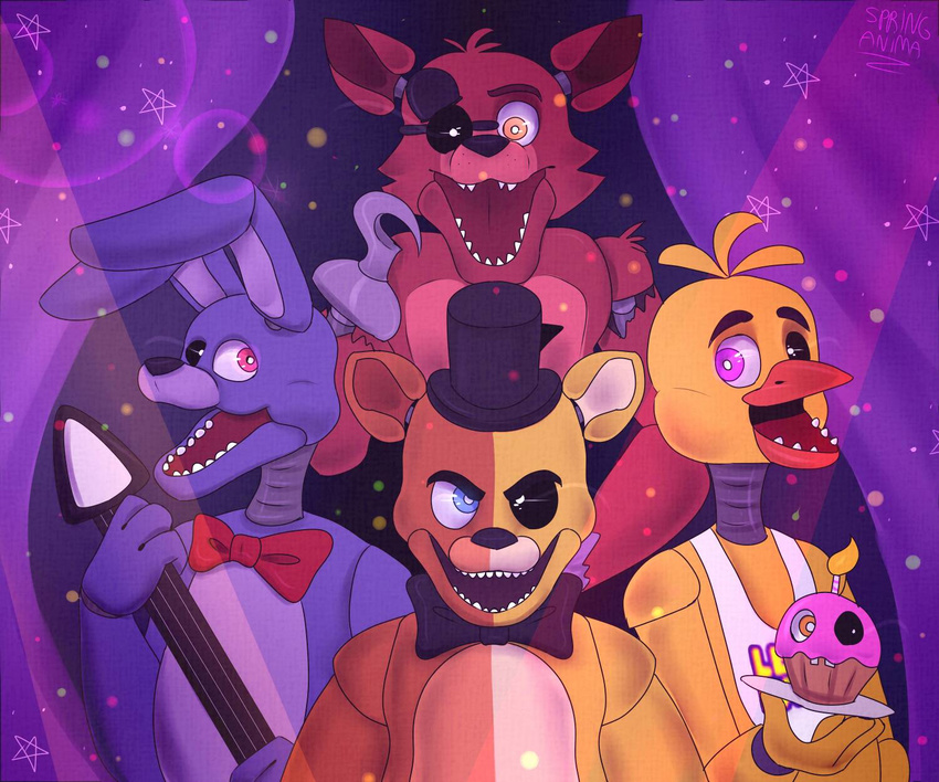 2017 animatronic avian bear bird bonnie_(fnaf) bow_tie canine chica_(fnaf) chicken cupcake_(fnaf) eye_patch eyewear five_nights_at_freddy's fox foxy_(fnaf) freddy_(fnaf) golden_freddy_(fnaf) hat lagomorph machine mammal rabbit robot springanima teeth top_hat video_games