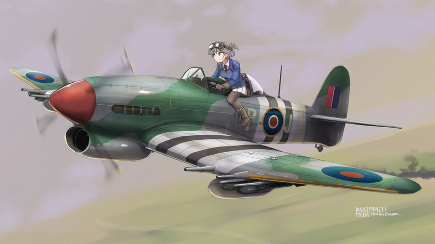 aviator_girls bomb boots brown_eyes cannon cockpit flying goggles grey_eyes highres necktie original pantyhose pleated_skirt propeller rocket silver_hair skirt solo tokihama_jirou typhoon_(airplane) world_war_ii