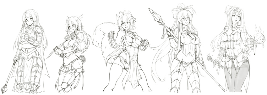 animal_ears antenna_hair armor ball barbariank behind_back blazblue blazblue_remix_heart bow bow_(weapon) breasts cleavage clenched_hand commentary crossbow crystal_ball fantasy fighting_stance genderswap genderswap_(mtf) greyscale hair_between_eyes hair_bow hair_ornament hair_ribbon hair_tubes hand_on_own_chest hat highres holding holding_weapon kajun_faycott large_breasts long_hair looking_at_viewer mace mai_natsume makoto_nanaya mini_hat monochrome multiple_girls noel_vermillion pantyhose polearm ponytail revealing_clothes ribbon rod sideboob sidelocks smile spear squirrel_ears squirrel_girl squirrel_tail tail thighhighs tsubaki_yayoi underboob very_long_hair weapon white_background