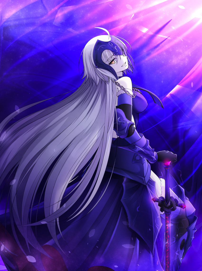 absurdres ahoge armor armored_dress bare_shoulders black_dress black_gloves black_legwear breasts chain commentary_request dress elbow_gloves fate/grand_order fate_(series) from_side gloves greaves headpiece highres holding holding_sword holding_weapon jeanne_d'arc_(alter)_(fate) jeanne_d'arc_(fate)_(all) koro_(tyunnkoro0902) long_hair looking_at_viewer looking_to_the_side medium_breasts pale_skin parted_lips silver_hair smile solo sword thighhighs vambraces very_long_hair weapon yellow_eyes