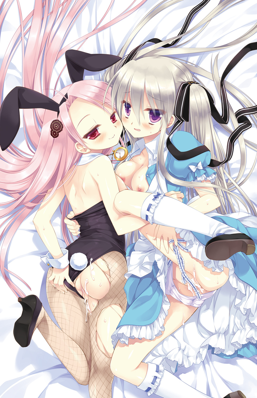 absurdres after_sex ahoge animal_ears ass back bangs bare_shoulders bed bed_sheet black_footwear black_ribbon blue_dress blue_ribbon blush bow breasts bunny_ears bunny_girl bunny_tail bunnysuit collared_dress cum cum_in_pussy cum_on_ass cum_on_body cum_on_clothes cum_on_lower_body detached_collar dress eyebrows_visible_through_hair fake_animal_ears fishnet_pantyhose fishnets frilled_skirt frilled_sleeves frills from_above from_behind gangsta_republica hair_between_eyes hair_ribbon half-closed_eyes hand_on_own_ass high_heels highres kneehighs leg_up leotard long_hair looking_at_viewer looking_back lying medium_breasts miyasu_risa multiple_girls on_back on_bed on_stomach open_mouth pantyhose pink_eyes pink_hair puffy_short_sleeves puffy_sleeves purple_eyes ribbon ribbon-trimmed_legwear ribbon_trim rindou_misogi sarka_grossmanova shoes short_sleeves shoulder_blades silver_hair skirt smile spread_legs sweat tail torn_clothes torn_legwear twintails very_long_hair white_bow white_legwear wrist_cuffs