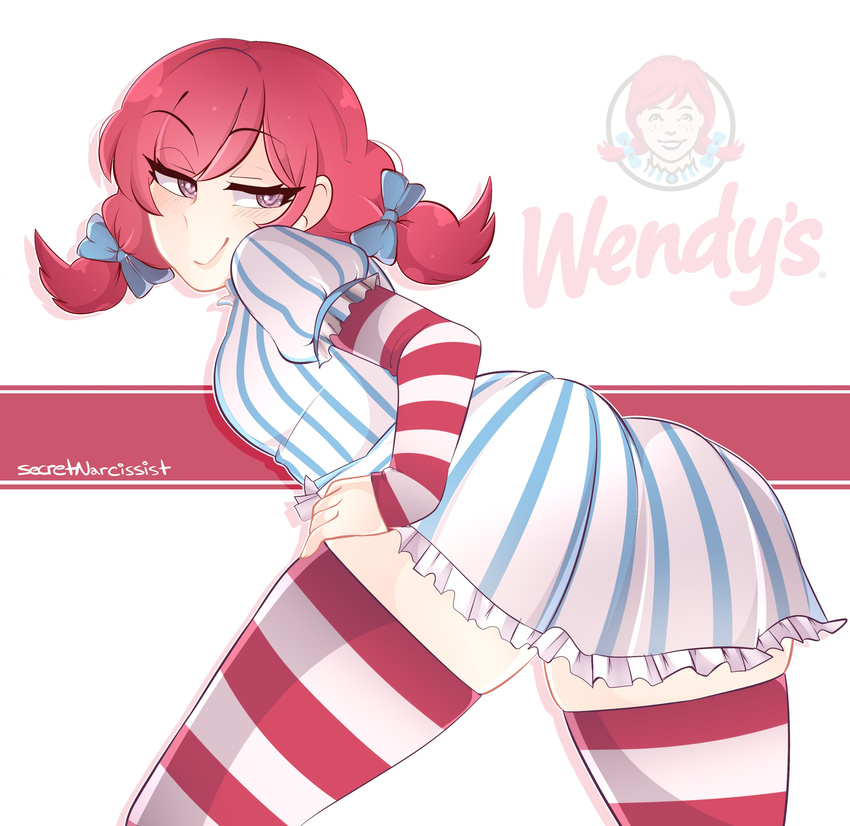 absurdres ass blue_bow blush bow breasts dress half-closed_eyes highres pinstripe_pattern puffy_short_sleeves puffy_sleeves red_hair secretnarcissist short_sleeves smile smug solo striped striped_dress striped_legwear thighhighs thighs twintails wendy's wendy_(wendy's)