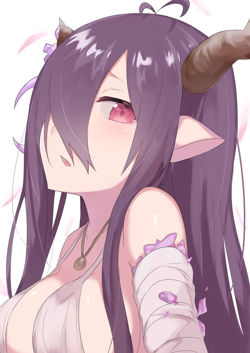 absurdres antenna_hair bandaged_arm bandages breasts crescent danua draph dress eyes granblue_fantasy hair_over_one_eye highres horn_ornament horns ichijou_(kr_neru0) jewelry long_hair looking_at_viewer medium_breasts necklace open_mouth pointy_ears purple_hair red_eyes sideboob simple_background solo upper_body white_background white_dress