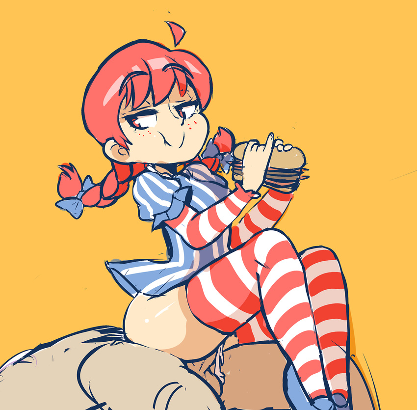 1boy 1girl blue_bow braid clothed_sex cum cum_in_pussy dress eating freckles hair_bow half-closed_eyes hamburger no_panties penis pinstripe_pattern puffy_short_sleeves red_hair reverse_cowgirl sex sitting sketchpaddy smile smug striped striped_dress striped_legwear thighhighs twin_braids twintails vaginal wendy's wendy_(wendy's)