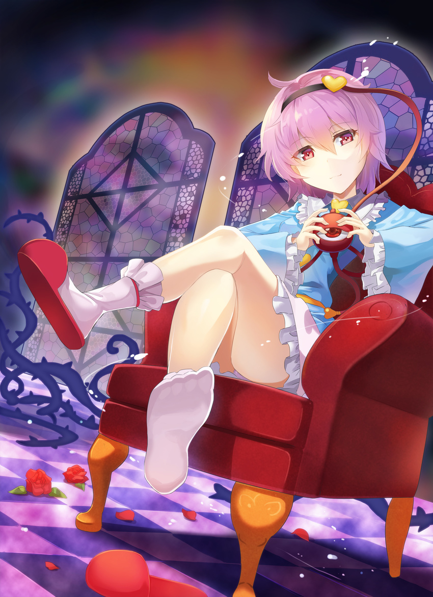 absurdres blue_dress breasts chair checkered checkered_floor closed_mouth crossed_legs dress dutch_angle eyebrows eyebrows_visible_through_hair feet flower frilled_dress frilled_legwear frilled_sleeves frills hairband head_tilt heart highres holding komeiji_satori light_smile long_sleeves looking_at_viewer medium_breasts nose_shade petals plant purple_hair red_eyes red_flower red_rose revision rin_falcon rose single_slipper sitting slippers slippers_removed solo stained_glass third_eye thorns touhou vines white_legwear window
