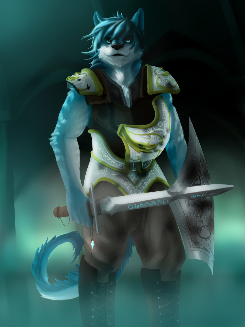 2011 anthro armor axe black_nose blue_eyes blue_fur blue_hair breastplate canine clothed clothing digital_media_(artwork) front_view fur hair hi_res jewelry korichi leather leather_armor male mammal melee_weapon multicolored_fur necklace pauldron shield solo standing sword two_tone_fur weapon whiskers white_fur wolf