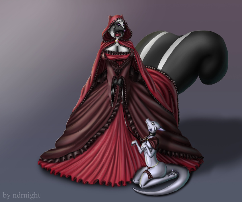 anthro clothing collar difference dragon dress gown invalid_color invalid_tag leash loincloth mammal mistress ndrnight obidience pet servant silk size skunk slave twillight walking