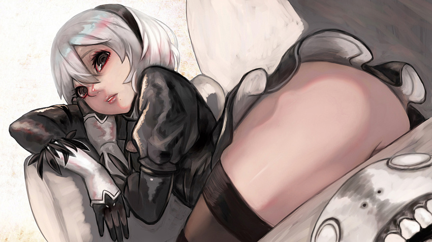 ass black_dress black_gloves black_hairband brown_eyes couch death_is_13 derivative_work dress eyelashes feather-trimmed_sleeves gloves hair_between_eyes hairband juliet_sleeves lips long_sleeves looking_at_viewer mole mole_under_mouth nier_(series) nier_automata no_blindfold parted_lips pink_lips puffy_sleeves short_hair silver_hair skirt solo thighhighs thighs vambraces yorha_no._2_type_b