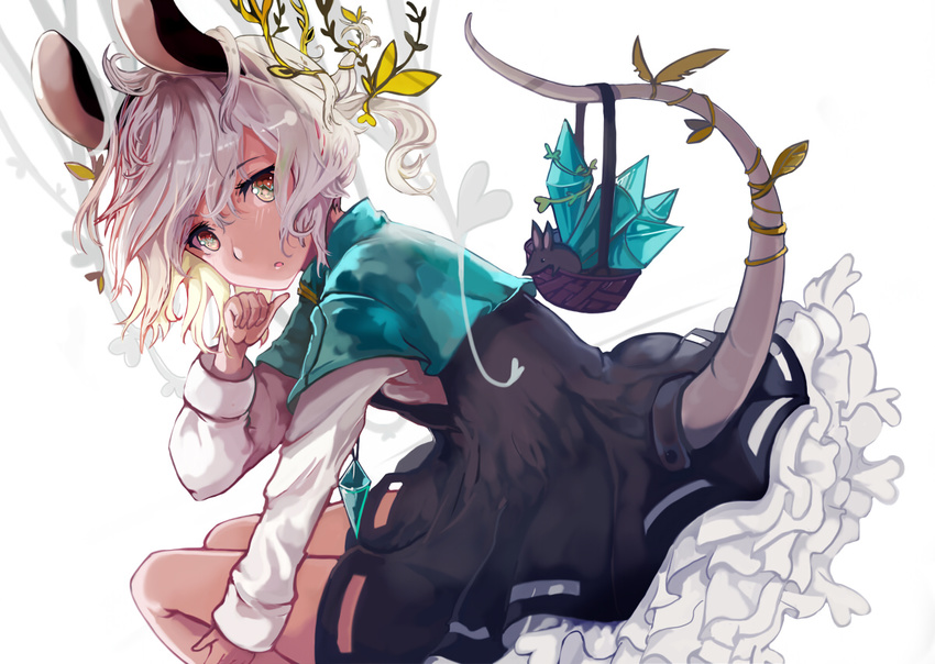 animal_ears basket black_dress brown_eyes capelet crystal dress dutch_angle frills jewelry long_sleeves looking_at_viewer mouse mouse_ears mouse_tail nazrin open_mouth pendant petticoat sasurai_susuki shirt short_dress short_hair silver_hair sitting solo tail touhou white_background white_shirt