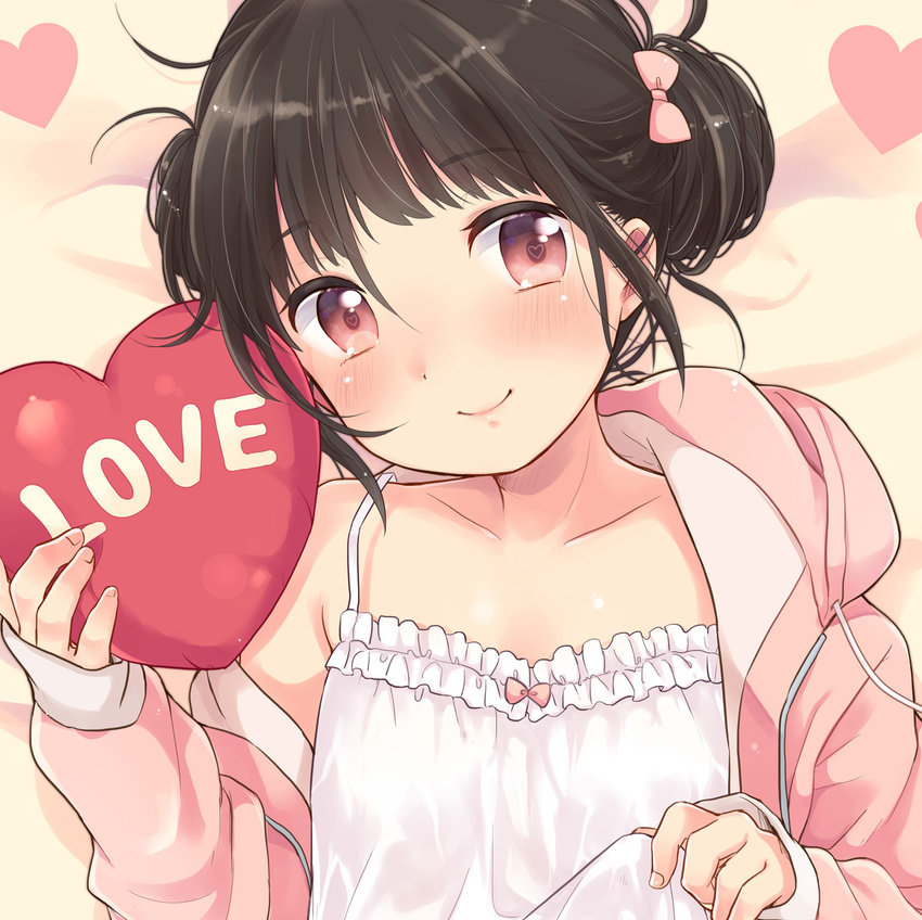 bangs bed_sheet blush bow camisole close-up closed_mouth clothes_lift double_bun eyebrows_visible_through_hair frills hair_bow heart heart-shaped_pupils heart_pillow highres hood hoodie light_smile looking_at_viewer lying on_back open_clothes open_hoodie original petite pillow pink_bow smile solo symbol-shaped_pupils upper_body yukiu_kon