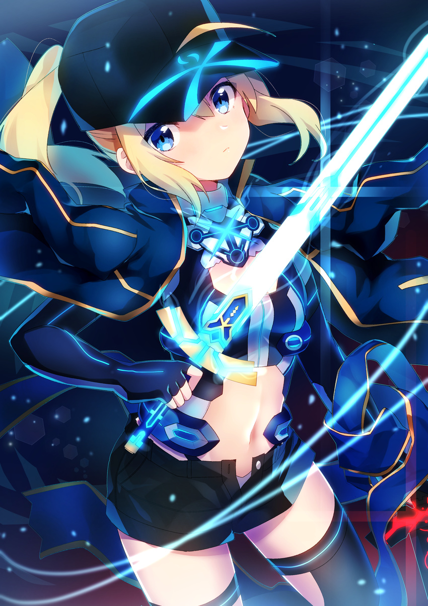 absurdres ahoge artoria_pendragon_(all) bad_id bad_pixiv_id bangs black_legwear black_shorts breasts closed_mouth commentary_request cowboy_shot fate_(series) glowing hair_between_eyes highres himitsucalibur holding holding_sword holding_weapon ichiren_namiro jacket jacket_on_shoulders legs_apart looking_at_viewer midriff mysterious_heroine_x navel open_clothes open_jacket open_shorts open_track_jacket ponytail rojiura_satsuki:_chapter_heroine_sanctuary short_shorts shorts sidelocks small_breasts solo sword thighhighs track_jacket weapon