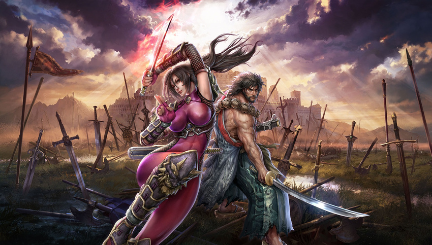 1girl bodysuit breasts brown_hair covered_nipples field_of_blades highres japanese_clothes jeremy_chong katana large_breasts mitsurugi_heishirou ninja official_art planted_sword planted_weapon ponytail scar skin_tight soulcalibur sword taki_(soulcalibur) torn_clothes weapon