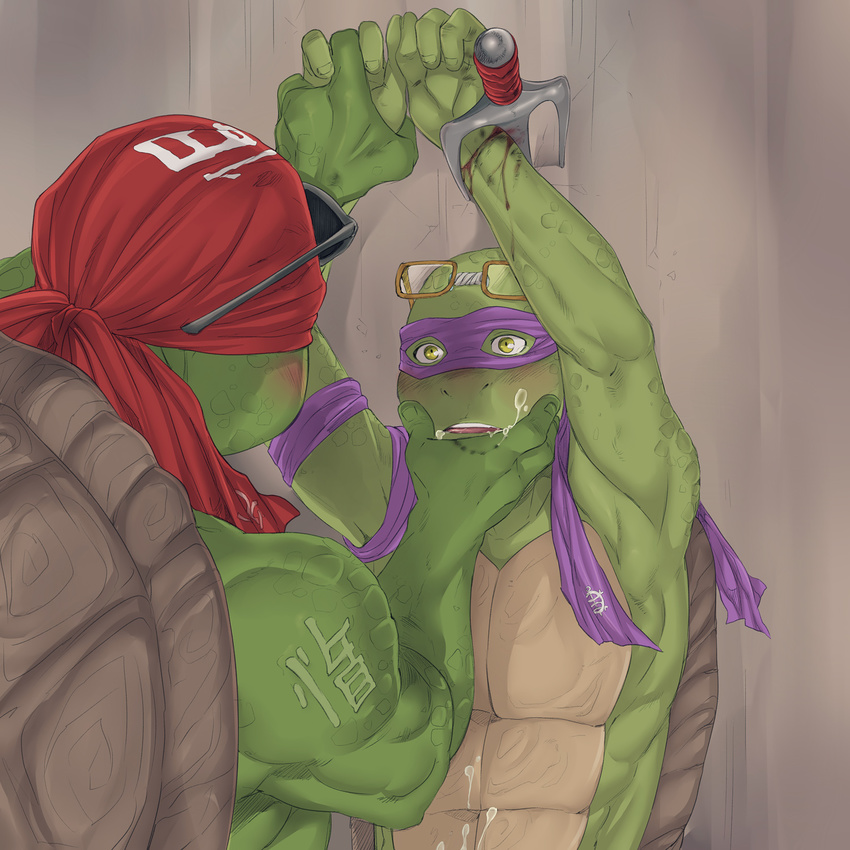 2015 anthro armpits athletic bandanna biceps blood blush brothers crylin cum donatello_(tmnt) duo eyewear glasses green_skin hand_holding hi_res incest lying male male/male mask muscular ninja open_mouth raphael_(tmnt) reptile sai scalie shell sibling teenage_mutant_ninja_turtles turtle wounded