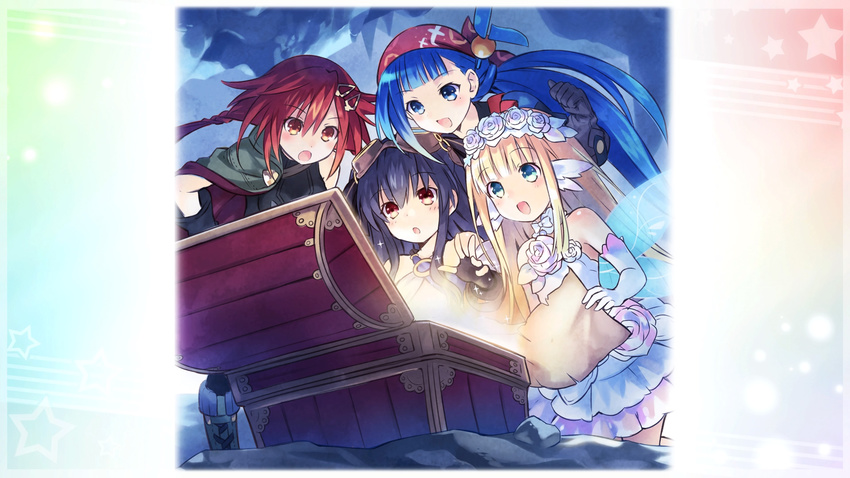 :d :o absurdres black_gloves black_hair black_legwear black_shirt blonde_hair blue_eyes blue_hair boots bouquet_(choujigen_game_neptune) detached_sleeves dress eyebrows_visible_through_hair fairy_wings four_goddesses_online:_cyber_dimension_neptune frilled_dress frills game_cg gloves goggles goggles_on_head green_footwear hair_ornament hairclip hand_on_hip hat highres long_hair map multiple_girls necktie neptune_(series) open_mouth opening pirate_hat ponytail reaching red_eyes red_hair shirt smile tamsoft_(choujigen_game_neptune) tennouboshi_uzume treasure_chest tsunako uni_(choujigen_game_neptune) white_dress white_gloves wings