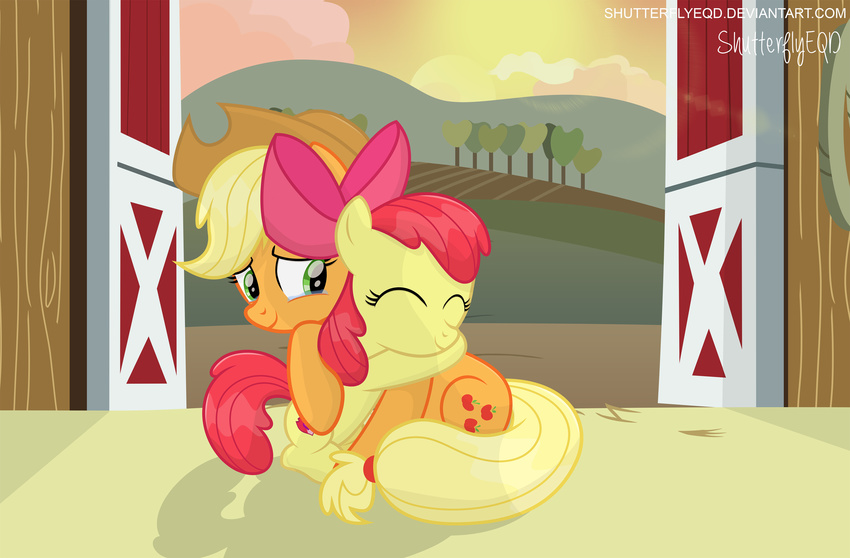 2017 apple_bloom_(mlp) applejack_(mlp) barn blonde_hair cloud cowboy_hat crying cutie_mark duo earth_pony equine female feral friendship_is_magic hair hair_bow hair_ribbon hat hi_res horse hug landscape mammal my_little_pony outside pony red_hair ribbons shutterflyeqd sibling sisters sky smile tears tree