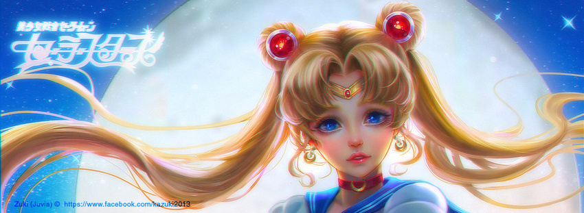 artist_name backlighting bangs bishoujo_senshi_sailor_moon blonde_hair blue_eyes blue_sailor_collar choker circlet crescent crescent_earrings double_bun earrings face floating_hair hair_ornament jewelry juvia_ho lips logo long_hair looking_at_viewer moon moonlight parted_bangs parted_lips pink_lips red_choker sailor_collar sailor_moon sailor_senshi_uniform solo tsukino_usagi twintails watermark web_address