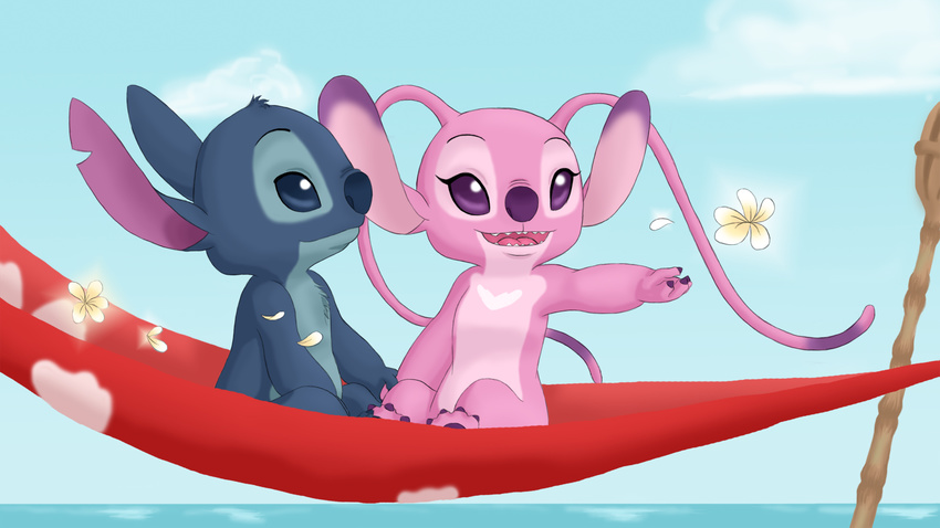 2011 alien angel_(lilo_and_stitch) antennae arm_out blue_eyes blue_fur blue_nose chest_tuft claws cute day digital_media_(artwork) disney experiment_(species) eyelashes flower fur hammock hand_holding head_tuft hi_res horizon kahimi-chan lilo_and_stitch philtrum pink_fur plant purple_claws purple_eyes sitting sky smile stitch tiki_torch tuft
