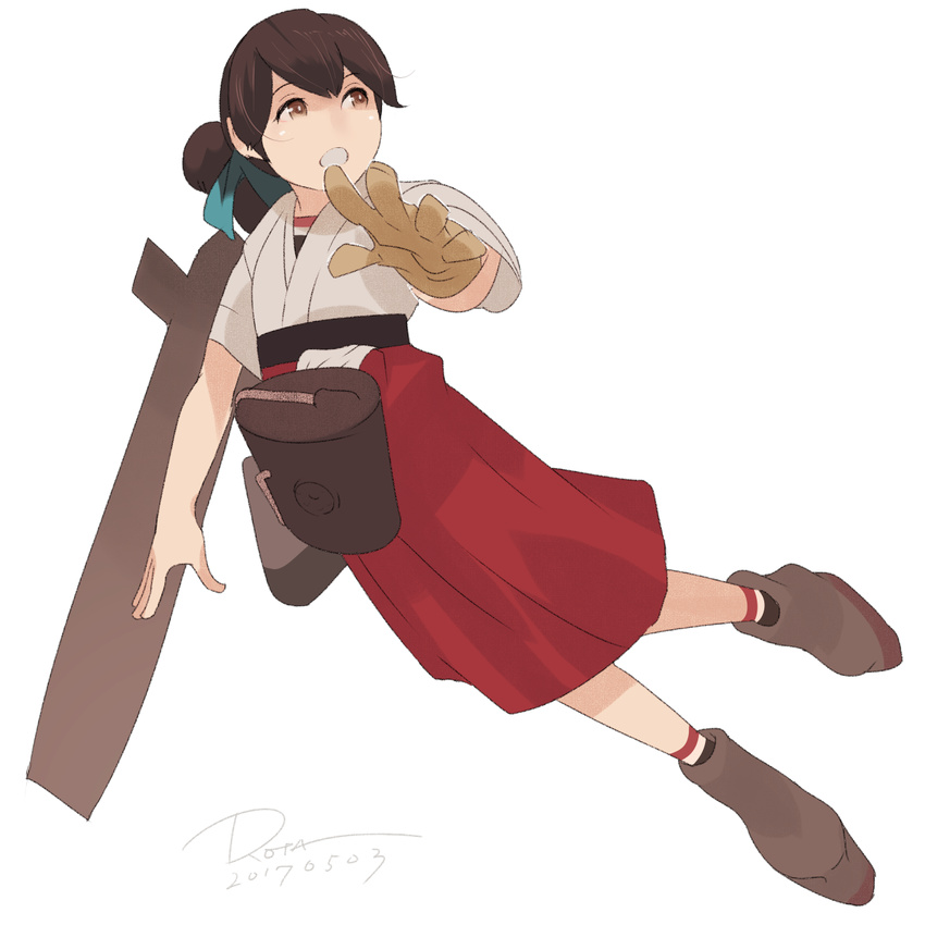 boots brown_eyes brown_footwear brown_hair dated flight_deck gloves hakama highres japanese_clothes kantai_collection kasuga_maru_(kantai_collection) partly_fingerless_gloves red_hakama rota_(bitmap1022) short_hair short_sleeves signature simple_background solo white_background yugake