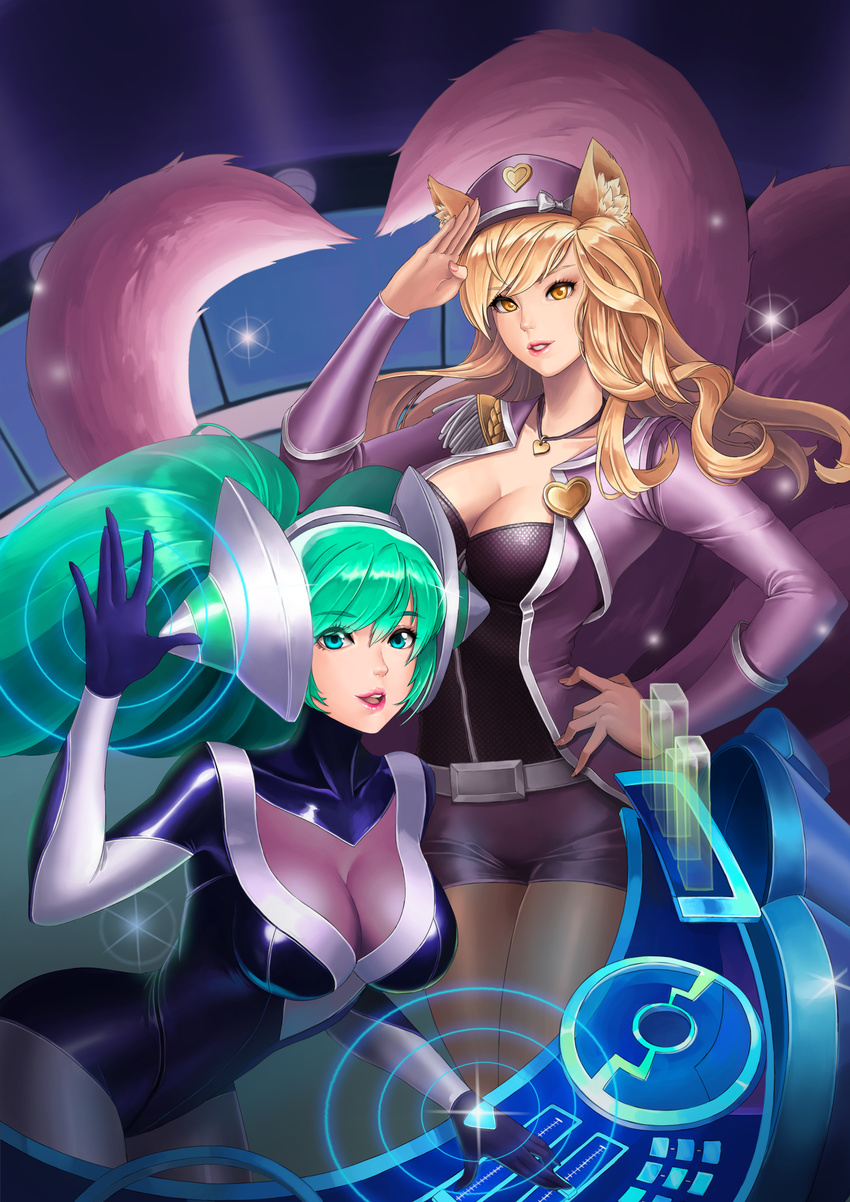 absurdres ahri alternate_costume alternate_hair_color animal_ears bangs blonde_hair blue_eyes bodysuit breasts cleavage cleavage_cutout collarbone commentary_request cowboy_shot dj dj_sona fox_ears fox_tail green_hair hand_on_hip hat headphones heart heart_necklace highres jacket karmiel large_breasts league_of_legends leaning_forward long_hair long_sleeves looking_at_viewer multiple_girls open_clothes open_jacket pantyhose parted_lips peaked_cap popstar_ahri salute short_shorts shorts skin_tight smile sona_buvelle tail twintails very_long_hair visor whisker_markings yellow_eyes