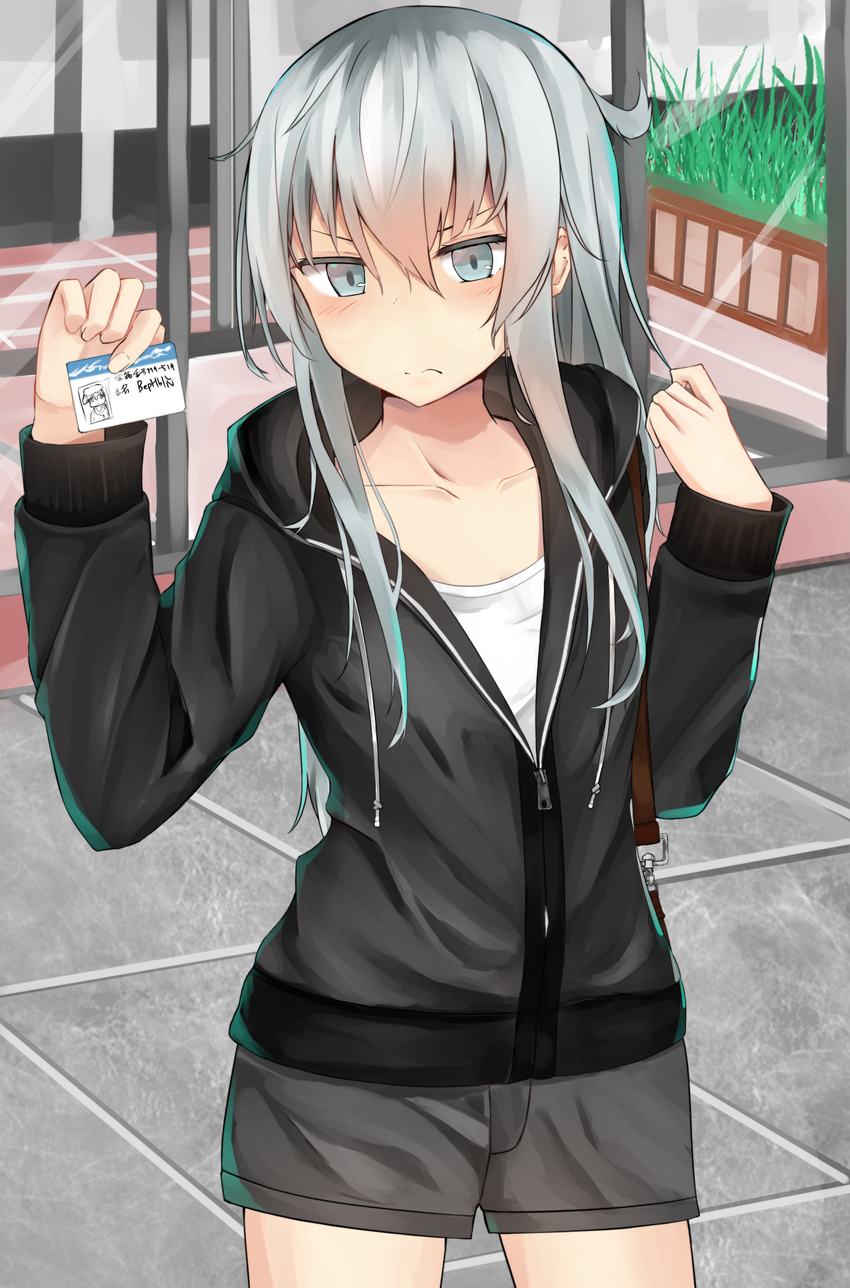 alternate_costume black_jacket black_shorts blue_eyes card collarbone face_of_the_people_who_sank_all_their_money_into_the_fx hair_between_eyes hibiki_(kantai_collection) highres holding holding_card hood hooded_jacket id_card ikashun jacket kantai_collection long_hair long_sleeves shorts silver_hair solo verniy_(kantai_collection)