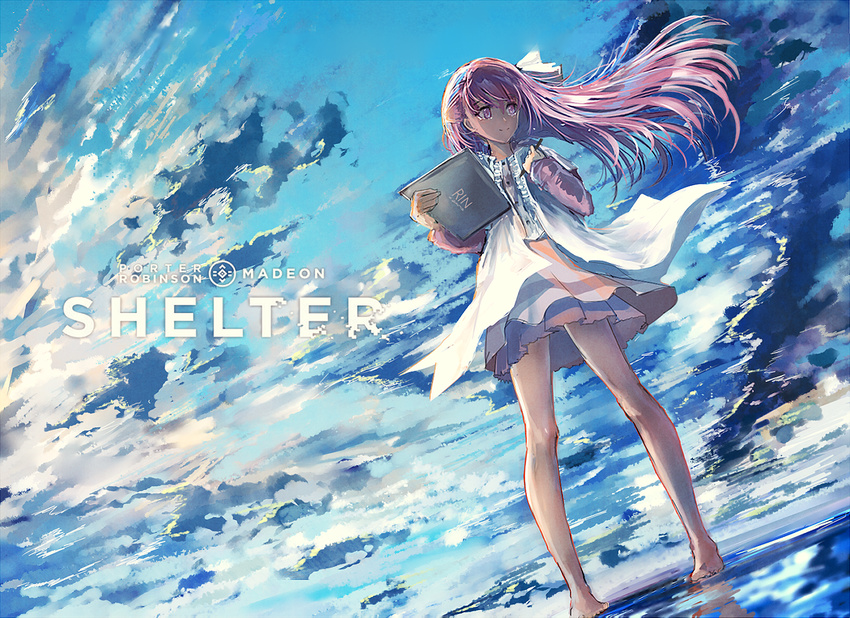 bad_id bad_pixiv_id bangs barefoot blue_sky cloud cloudy_sky crying crying_with_eyes_open dark_skin day dress dutch_angle faux_traditional_media floating_hair full_body hair_ribbon long_hair long_sleeves pink_hair purple_eyes ribbon rin_(shelter) scenery shelter_(music_video) sky solo standing standing_on_liquid swav tears white_ribbon