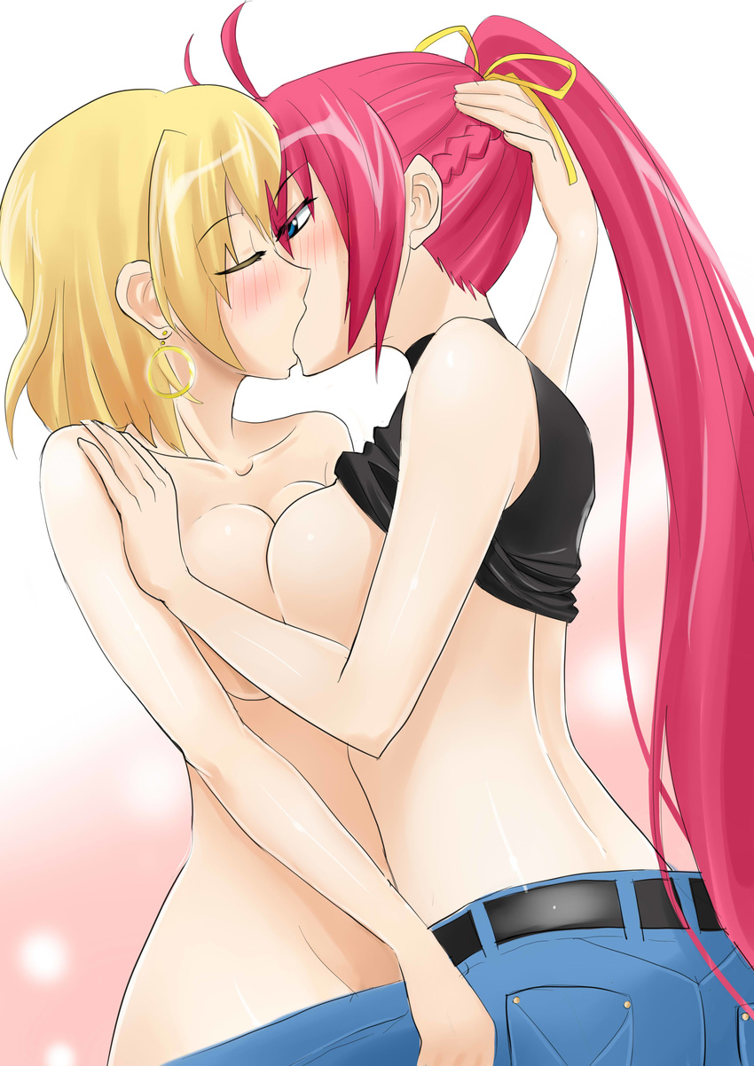 absurdres belt black_shirt blonde_hair blue_pants blush breast_press breasts closed_eyes convenient_arm couple highres kiss layla_(suptomat) lyrical_nanoha mahou_shoujo_lyrical_nanoha mahou_shoujo_lyrical_nanoha_a's mahou_shoujo_lyrical_nanoha_strikers multiple_girls no_bra pants pink_hair ponytail shamal shirt shirt_lift signum small_breasts symmetrical_docking topless yuri