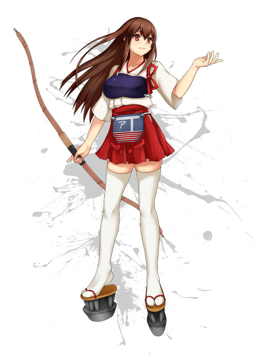 absurdres akagi_(kantai_collection) arrow bangs blush bow_(weapon) breasts brown_eyes brown_hair clog_sandals closed_mouth commentary_request flight_deck full_body hair_between_eyes hakama_skirt highres holding holding_bow_(weapon) holding_weapon japanese_clothes kantai_collection light_smile long_hair looking_away medium_breasts miniskirt muneate red_skirt skirt solo straight_hair tachi-e tasuki thighhighs weapon white_legwear wide_sleeves yashichii yumi_(bow) zettai_ryouiki