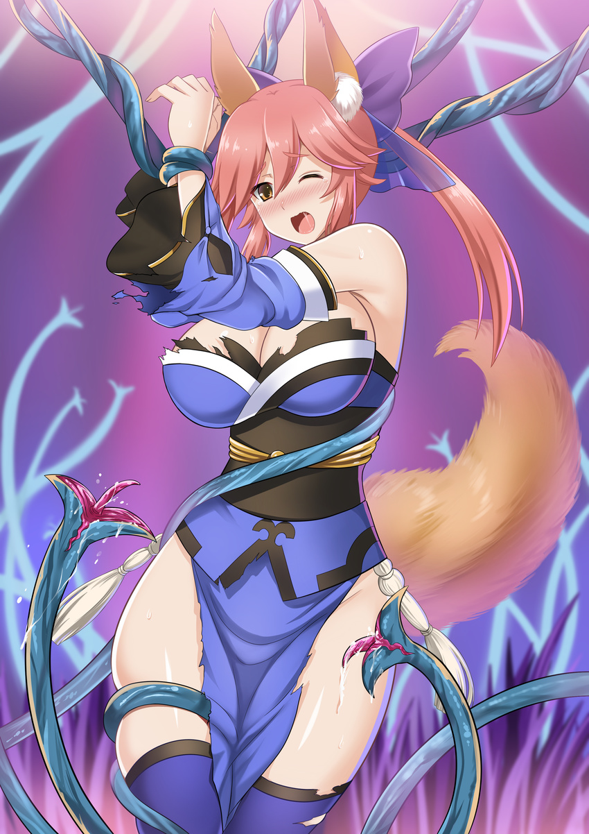 1girl animal_ears blush breasts caster_(fate/extra) cleavage fate/extra fate_(series) hair_ribbon japanese_clothes large_breasts licking long_hair pink_hair restrained tail tentacle torn_clothes yellow_eyes