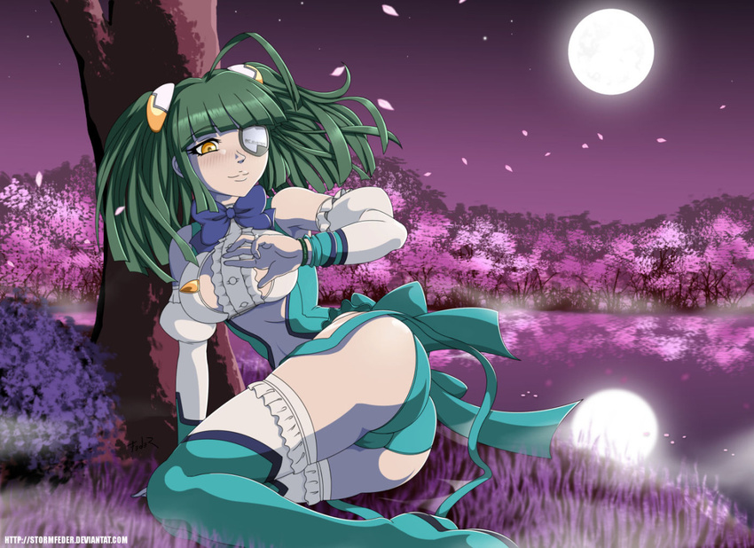 1girl ahoge ass bare_shoulders blush boots breasts cherry_blossoms detached_sleeves eyepatch frilled_legwear full_moon green_boots green_hair green_legwear green_panties hair_ornament lake large_breasts long_hair looking_back moon necktie night otomedius panties shiny shiny_hair shiny_skin sleeves_past_wrists smile solo stormfeder thigh_boots thigh_strap thighhighs tita_nium twintails underwear yellow_eyes