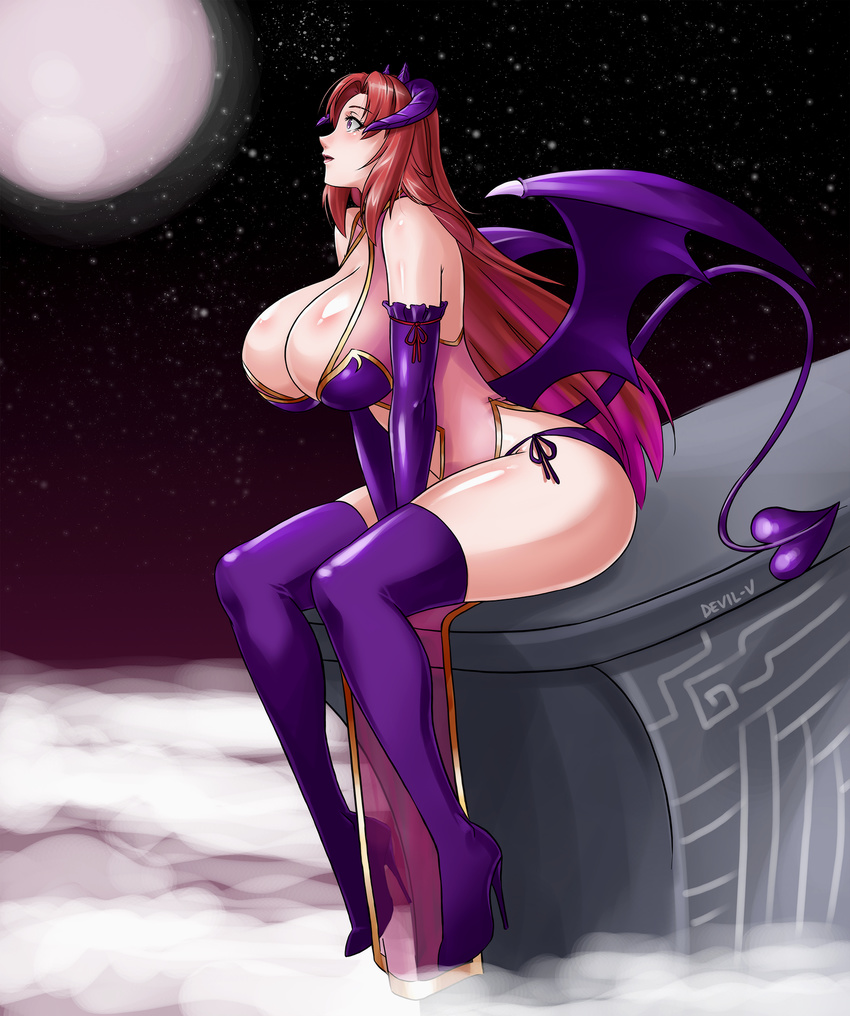 1girl breasts cleavage demon_girl demon_horns demon_tail demon_wings devil-v horns huge_breasts moon succubus