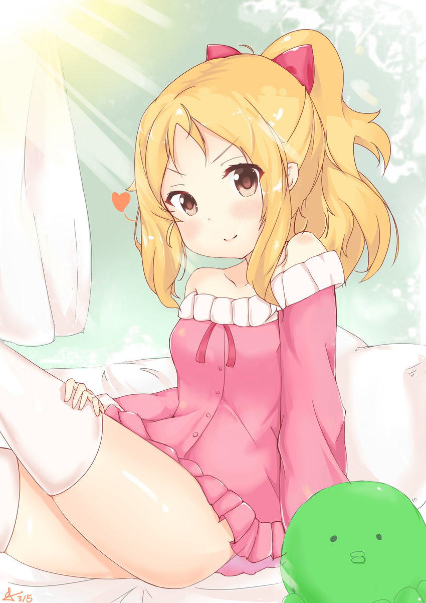 absurdres ass bare_shoulders blonde_hair bottomless bow brown_eyes drill_hair eromanga_sensei frills hair_bow heart highres leg_up long_hair looking_at_viewer on_bed pajamas pillow pointy_ears ponytail smile solo stuffed_animal stuffed_octopus stuffed_toy thighhighs tiguruvurumudo_vuorun white_legwear yamada_elf