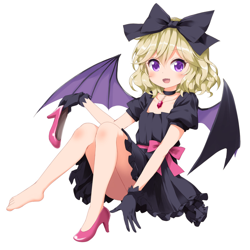 :d bare_legs barefoot bat_wings belt black_bow black_choker black_dress black_gloves black_wings blonde_hair blush bow choker collarbone dress erie_(tonari_no_kyuuketsuki-san) eyebrows_visible_through_hair eyelashes fang floating frilled_dress frills full_body gem gloves hair_bow hair_ornament high_heels highres holding holding_shoes invisible_chair jewelry knees_together_feet_apart large_bow looking_at_viewer open_mouth pink_belt pink_footwear pink_ribbon puffy_short_sleeves puffy_sleeves pumps purple_eyes ribbon ruu_(tksymkw) shoe_removed shoes short_hair short_sleeves simple_background single_shoe sitting smile solo tonari_no_kyuuketsuki-san tsurime wavy_hair white_background wings