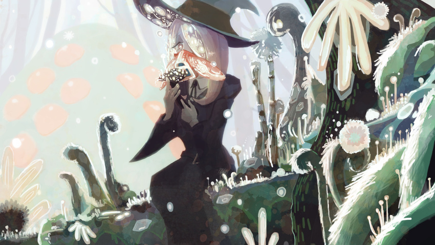 black_hat hair_over_one_eye hat highres hshmt0 kaze_no_tani_no_nausicaa little_witch_academia monster mushroom ohmu outdoors pale_skin plant purple_hair red_eyes sitting solo sucy_manbavaran tree witch_hat