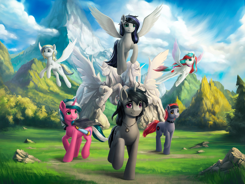 amazing_background black_hair blue_eyes blue_hair cutie_mark day detailed_background equine fan_character feathered_wings feathers female feral grass green_eyes group hair heterochromia hooves horn jewelry l1nkoln male mammal my_little_pony necklace outside pegasus red_hair smile standing unicorn white_feathers wings