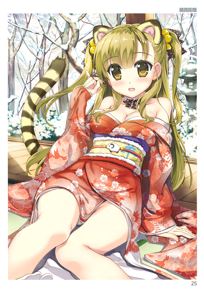 absurdres animal_ears bare_shoulders beads blonde_hair blush breasts brown_eyes choker cleavage floral_print fujima_takuya hair_beads hair_ornament hair_twirling highres japanese_clothes kimono leaning_back long_hair medium_breasts no_panties obi off_shoulder outdoors sash scan sitting sleeves_past_wrists smile solo tabi tail tiger_ears tiger_tail toranoana two_side_up