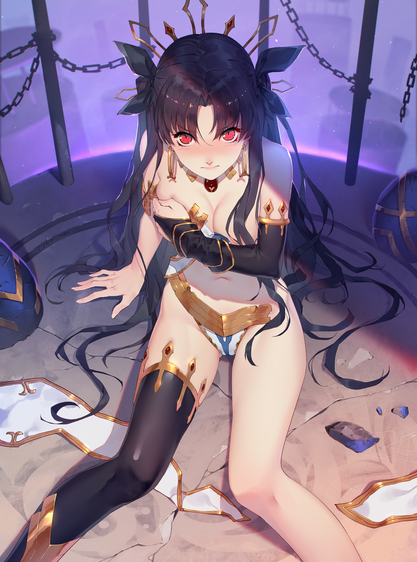 absurdres asymmetrical_legwear bare_shoulders black_hair blush breasts cleavage contest_winner covering covering_breasts daye_bie_qia_lian earrings elbow_gloves fate/grand_order fate_(series) gloves highres ishtar_(fate/grand_order) jewelry long_hair long_legs looking_at_viewer medium_breasts pelvic_curtain pixiv_fate/grand_order_contest_1 red_eyes single_elbow_glove single_thighhigh solo thighhighs torn_clothes