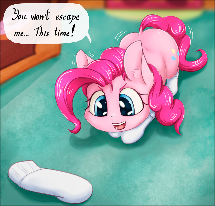 2017 alcor90 clothing cutie_mark dialogue earth_pony english_text equine female feral friendship_is_magic hair hi_res horse inside legwear mammal my_little_pony open_mouth pink_hair pinkie_pie_(mlp) pony socks solo text