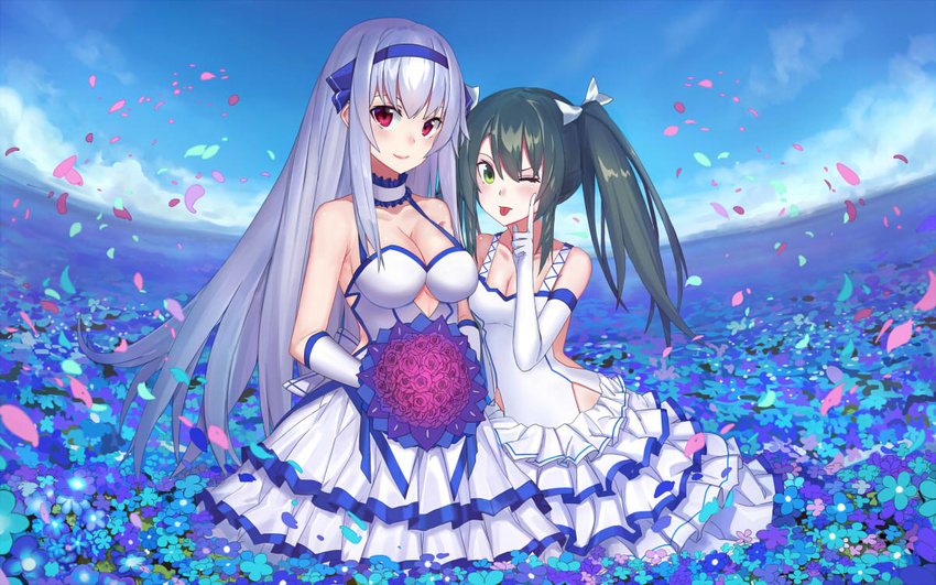 alternate_costume alternate_eye_color bouquet breasts dress echj elbow_gloves flower gloves green_eyes green_hair headband kantai_collection large_breasts long_hair long_sleeves multiple_girls one_eye_closed petals red_eyes red_flower red_rose rose shoukaku_(kantai_collection) silver_hair small_breasts tongue tongue_out twintails white_dress zuikaku_(kantai_collection)