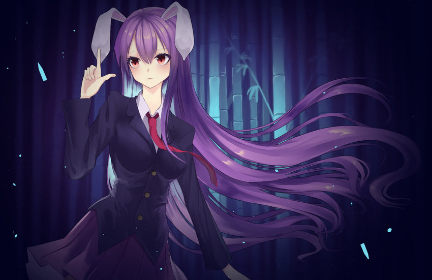 animal_ears backlighting bamboo bamboo_forest bangs blazer blush breasts bunny_ears closed_mouth collared_shirt cowboy_shot dark ears_down expressionless finger_gun forest hair_between_eyes highres jacket karuno_mizuki_(kyuu_arupaka) long_hair long_sleeves looking_at_viewer medium_breasts nature necktie petals pleated_skirt purple_hair purple_skirt red_eyes red_neckwear reisen_udongein_inaba shiny shiny_hair shirt skirt solo suppository touhou very_long_hair white_shirt wind