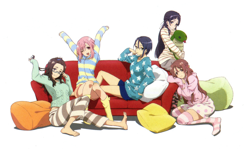 \o/ absurdres aran_sweater arms_up barefoot black_hair blue_hair brown_hair colored_stripes couch cushion doll_hug glasses highres holding holding_hair koharu_yoshino kouzuki_sanae long_hair loungewear midorikawa_maki mole mole_under_eye multiple_girls no_shoes official_art on_couch oribe_ririko outstretched_arms pants pillow pink_hair polka_dot_skirt print_sweater sakura_quest scan shinomiya_shiori short_hair sitting star star_print striped striped_hoodie striped_legwear striped_pants stuffed_animal stuffed_toy sweater thighhighs turtleneck white_background zettai_ryouiki