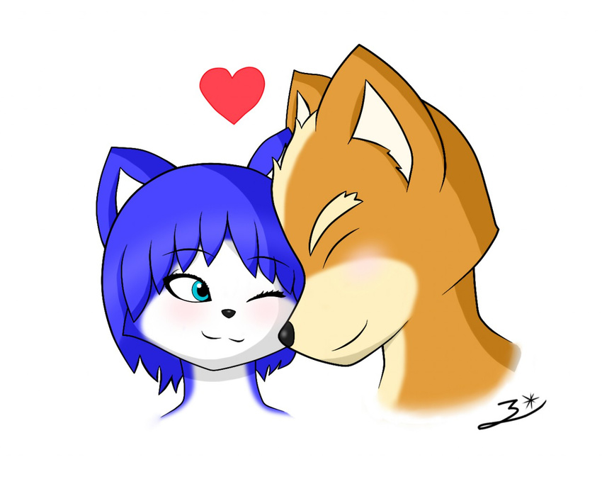 &lt;3 2017 anthro black_nose blue_eyes blue_fur blue_hair blush brown_fur canine duo eyes_closed female fox fox_mccloud fur hair hi_res krystal male mammal nintendo one_eye_closed rain-fox short_hair signature smile star_fox video_games white_fur wink