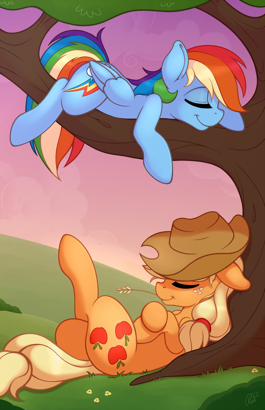 2017 applejack_(mlp) cutie_mark duo equine eyes_closed female feral friendship_is_magic fur grass hair hooves lying mammal multicolored_fur multicolored_hair my_little_pony pegasus rainbow_dash_(mlp) rainbow_fur rainbow_hair ratofdrawn sleeping smile wings