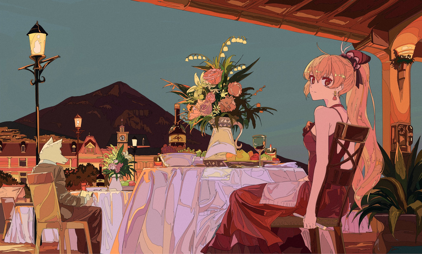 1girl bare_arms bare_shoulders blonde_hair bottle candle chair clock clock_tower cup dress drinking_glass earrings evening evening_gown flower food fruit furry grapes hair_ornament highres holding holding_knife jewelry knife kogecha_(coge_ch) lamppost long_hair looking_at_viewer looking_to_the_side mountain original pear phone ponytail red_dress red_eyes sitting table tower vase wine_glass wolf_boy