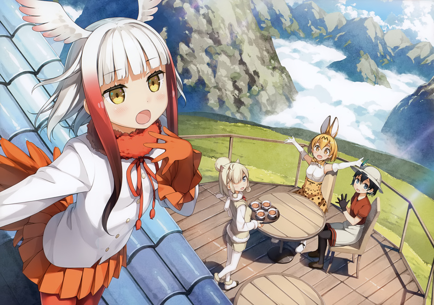 absurdres alpaca_ears alpaca_suri_(kemono_friends) animal_ears bag bangs bird_tail bird_wings black_gloves black_hair black_legwear blonde_hair blunt_bangs blush bow cloud day drink elbow_gloves eyebrows from_behind gloves grey_eyes hair_over_one_eye hat head_wings highres huge_filesize japanese_crested_ibis_(kemono_friends) kaban_(kemono_friends) kantoku kemono_friends long_sleeves looking_at_viewer looking_back mountain multicolored_hair multiple_girls open_mouth orange_gloves orange_skirt outstretched_arms pantyhose pleated_skirt print_gloves print_skirt red_ribbon red_shirt ribbon serval_(kemono_friends) serval_ears serval_print serval_tail shirt short_hair short_sleeves shorts silver_hair sitting skirt sky sleeveless sleeveless_shirt spread_arms striped striped_bow tail white_gloves white_legwear wings yellow_eyes