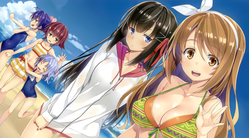 :d ^_^ ahoge amanuma_satsuki beach bikini bikini_skirt black_hair blue_eyes blue_hair breasts brown_eyes character_request cleavage closed_eyes covered_navel eyebrows_visible_through_hair flower front-tie_bikini front-tie_top hair_flower hair_ornament hair_ribbon hairband hairclip highres hood hooded_jacket ideologue! jacket large_breasts light_blue_hair long_hair multiple_girls nishibori_yuu one-piece_swimsuit one_side_up open_mouth outdoors outstretched_hand red_hair ribbon ryouke_kaoru scan school_swimsuit shinmei_akane shirt_tug short_hair small_breasts smile striped striped_bikini swimsuit yuuki_hagure