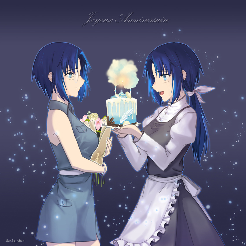 apron armlet artist_name axia-chan bangs bare_shoulders blue_background blue_eyes blue_hair bouquet breasts cake candle ciel cowboy_shot dress elesia flower food french from_side glasses gradient gradient_background hair_ribbon highres holding holding_bouquet juliet_sleeves light_particles long_sleeves low_ponytail medium_breasts multiple_girls open_mouth profile puffy_sleeves ribbon short_hair sidelocks sleeveless sleeveless_dress smile standing text_focus tsukihime tsurime waist_apron white_ribbon