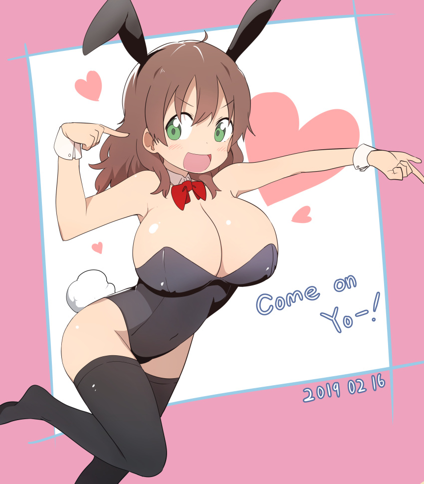 1girl :d absurdres animal_ears black_legwear bow bowtie breasts brown_hair bunny_ears bunny_tail bunnysuit bural_chingu dated detached_collar english_text eyebrows_visible_through_hair green_eyes hair_between_eyes ham_na-bi heart highres huge_breasts long_hair looking_at_viewer luke_(dydansgur) open_mouth pointing smile solo tail thighhighs wrist_cuffs