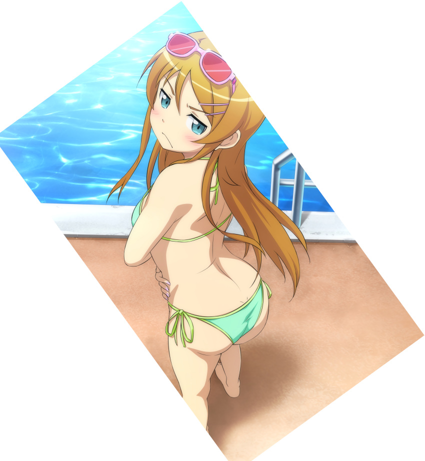 &gt;:&lt; 1girl :&lt; artist_request ass back barefoot bikini brown_hair closed_mouth dutch_angle edit embarrassed eyewear_on_head game_cg hair_ornament hairclip kousaka_kirino looking_back official_art ore_no_imouto_ga_konna_ni_kawaii_wake_ga_nai pool pool_ladder poolside side-tie_bikini sunglasses swimsuit v-shaped_eyebrows water