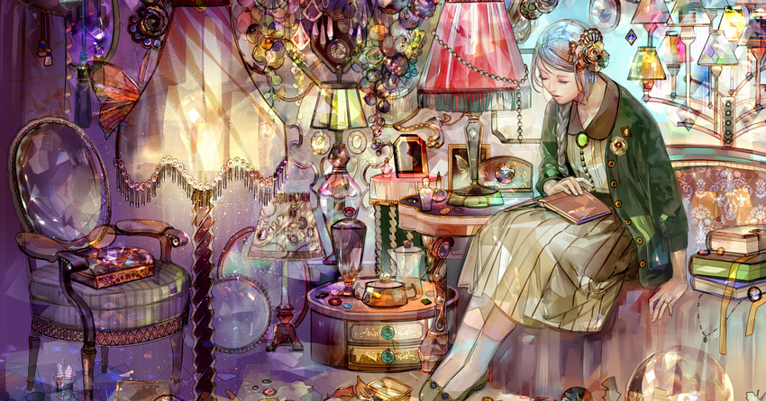 bad_id bad_pixiv_id bangs blue_hair book book_stack bottle box braid buttons carafe chair closed_eyes couch desk_lamp dress flower green_coat green_footwear hair_flower hair_ornament indoors jewelry jewelry_removed lamp lampshade leaning_forward light locket long_sleeves medallion medium_skirt messy_room mirror necklace necklace_removed on_couch open_book original pendant perfume_bottle picture_frame ring saiga_tokihito shelf shoes short_hair sitting skirt socks solo striped striped_dress swept_bangs table tassel tray unbuttoned white_legwear