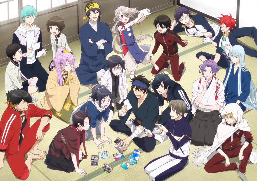 ^_^ absurdres aizen_kunitoshi akashi_kuniyuki aqua_hair artist_request atsushi_toushirou bandaid bandaid_on_nose bandana black_hair blonde_hair blue_eyes blue_hair bow brown_eyes brown_hair closed_eyes earrings eyes_visible_through_hair glasses gloves hachisuka_kotetsu hair_bow hair_ornament hair_over_one_eye hairclip hakama heshikiri_hasebe highres hirano_toushirou horikawa_kunihiro ichigo_hitofuri ima-no-tsurugi indian_style japanese_clothes jewelry kasen_kanesada kashuu_kiyomitsu kousetsu_samonji labcoat lying male_focus mikazuki_munechika mole mole_under_eye multiple_boys mutsu-no-kami_yoshiyuki nagasone_kotetsu necktie official_art on_side open_mouth photo_(object) pom_pom_(clothes) ponytail purple_hair red_eyes red_hair scarf seiza shokudaikiri_mitsutada shorts sitting smile touken_ranbu touken_ranbu:_hanamaru track_suit white_gloves white_hair yagen_toushirou yamanbagiri_kunihiro yamato-no-kami_yasusada yellow_eyes